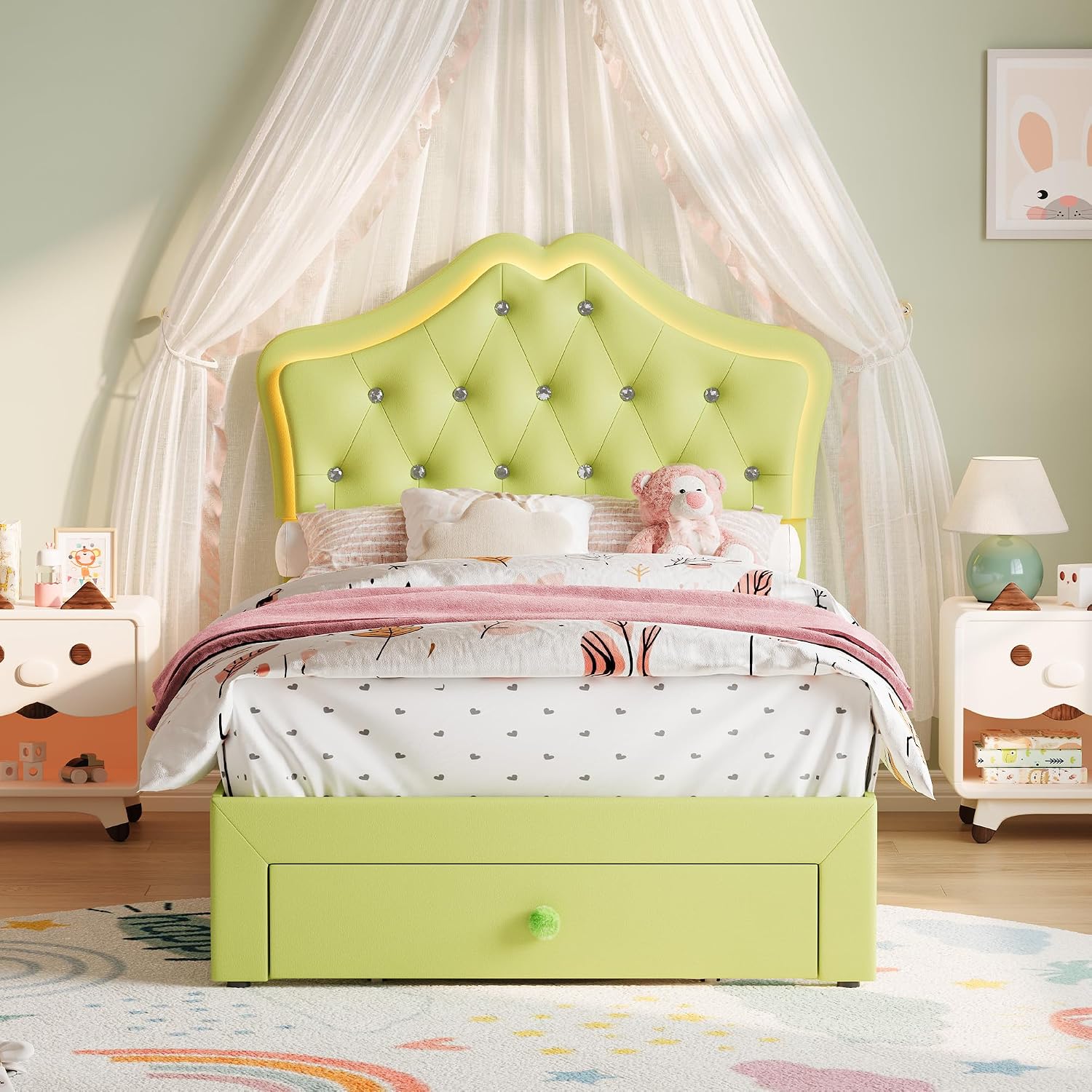 Garvee Twin Size Bed Frame with LED Lights & Velvet Crystal Button Headboard, Upholstered Boy Platform Bed with Storage Drawer, Noise Free, No Box Spring Needed for Kids, Teens, OrangeAvocado Green