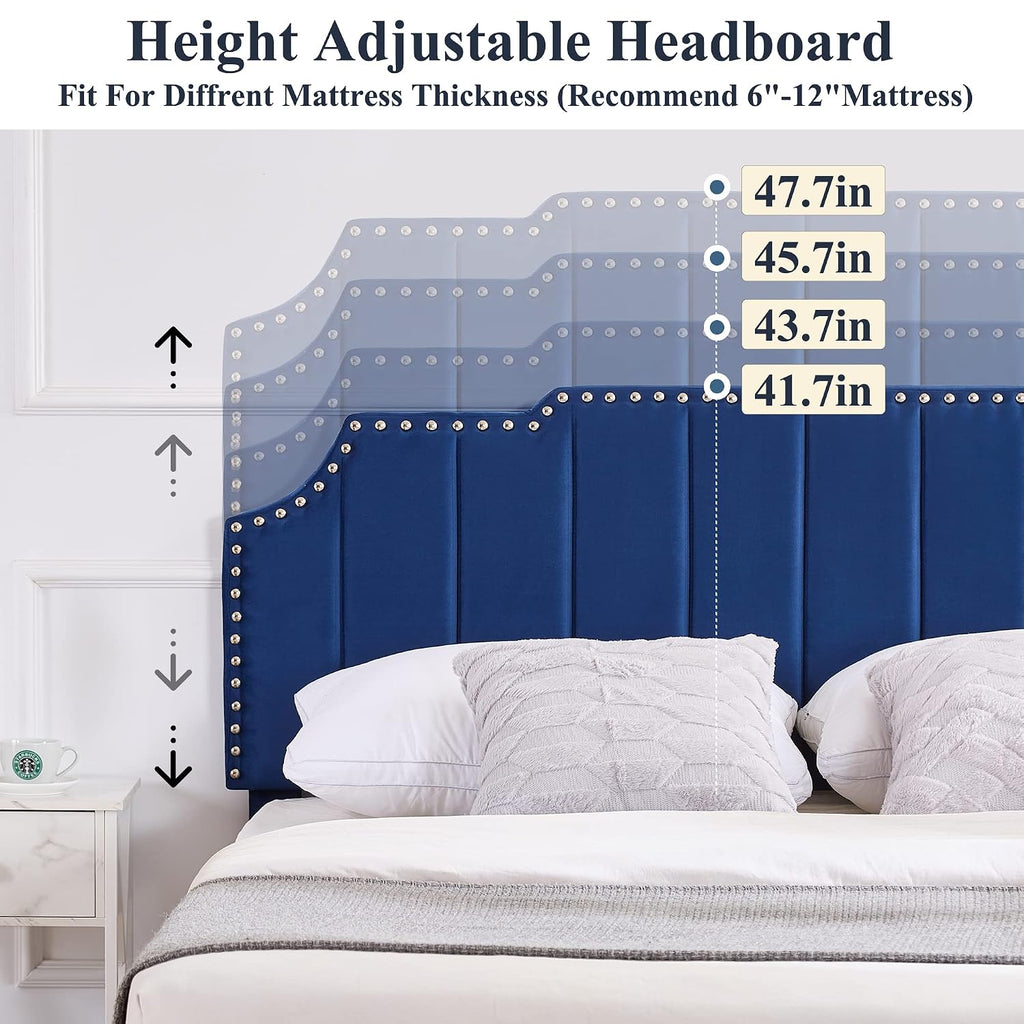 VECELO Full Upholstered Platform Bed Frame with Tufted Adjustable Headboard/Mattress Foundation/Wood Slat Support,Easy Assembly,Navy Blue