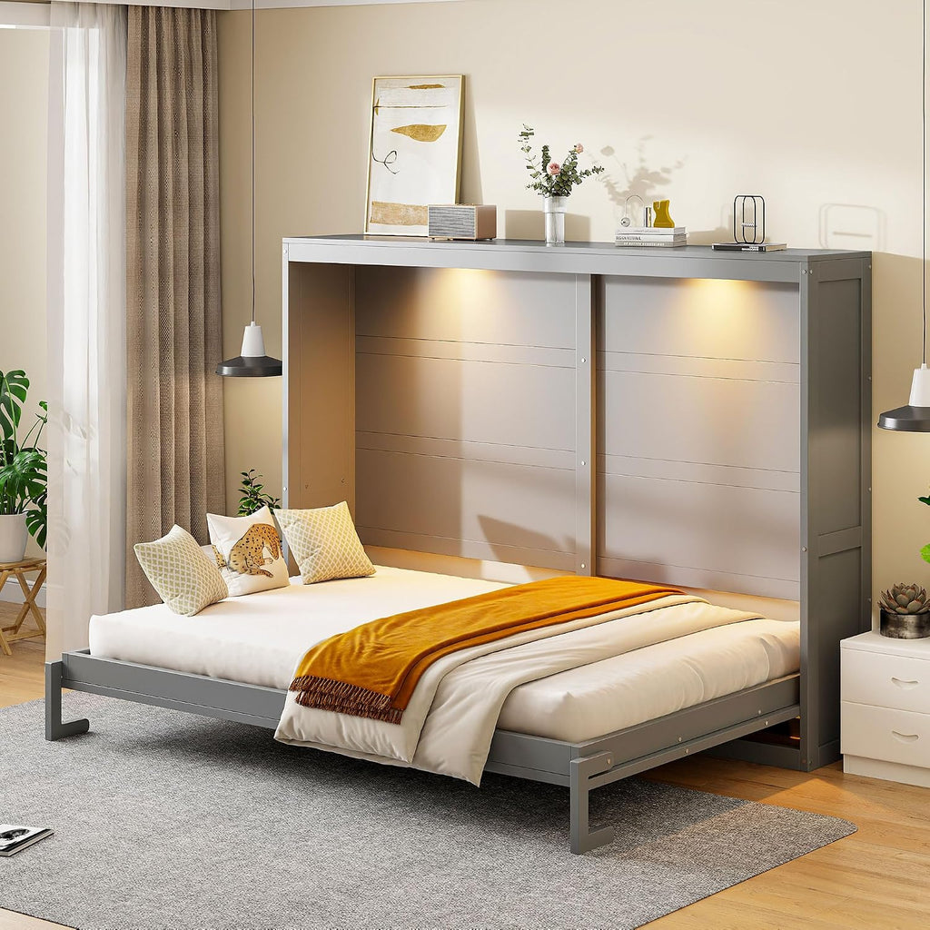 Harper & Bright Designs Queen Size Murphy Bed, Wooden Queen Wall Bed Modern Design with LED Lights, Gray