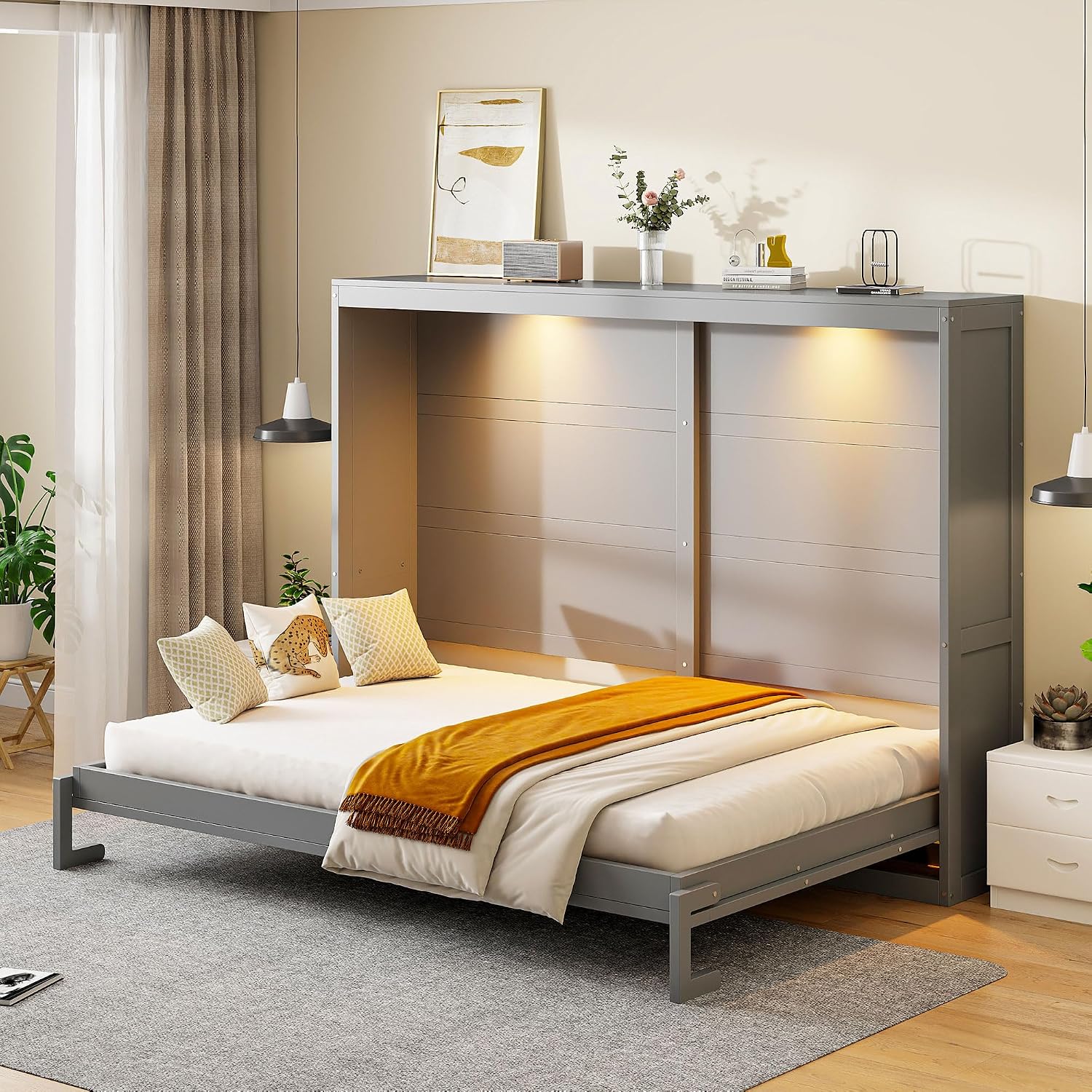 Harper & Bright Designs Queen Size Murphy Bed, Wooden Queen Wall Bed Modern Design with LED Lights, Gray