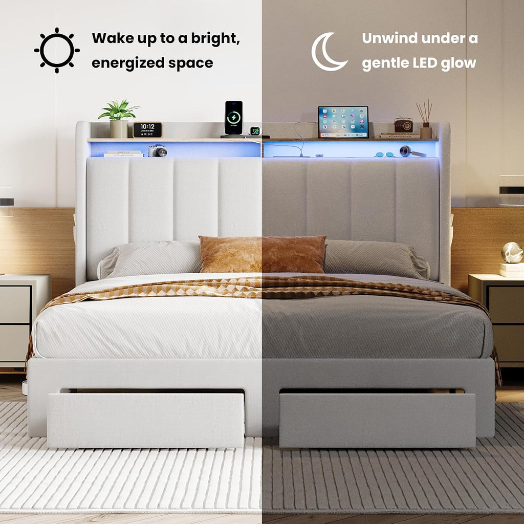 SHA CERLIN Velvet Full Size Bed Frame with Vertical Channel Tufted Wingback Headboard & 2 Storage Drawers/2-Tier Shelves with LED Lights & Charging Station/Noise-Free/No Box Spring Needed/White