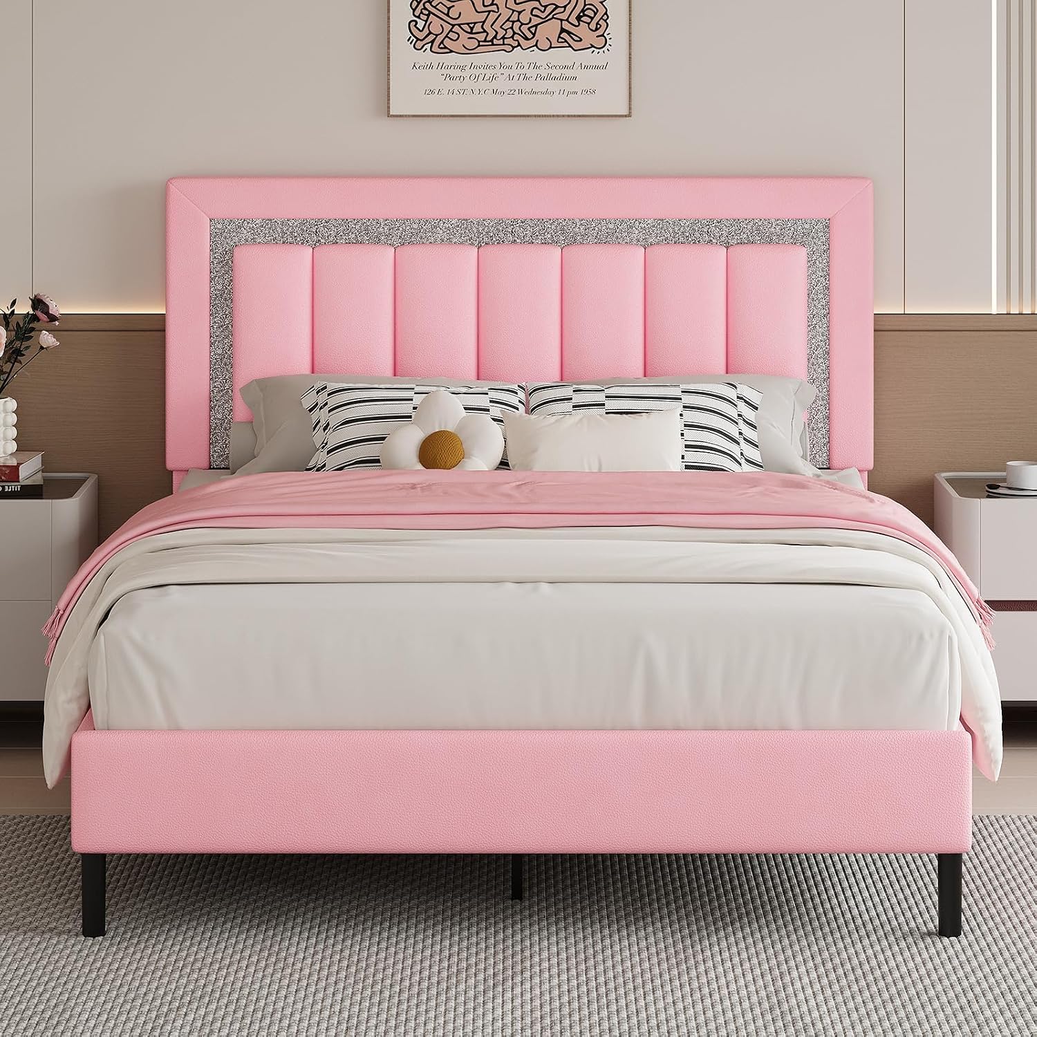 HOMBCK Full Bed Frame with Headboard, Faux Leather Upholstered Bed with Wooden Slats Support, Full Size Bed Frame with Diamond Vertical Stripe Design, Mattress Foundation, No Box Spring Needed, Pink