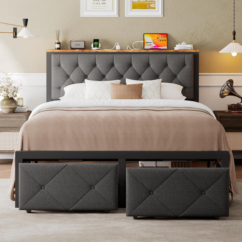 Einhomn Queen Bed Frame with 2 Storage Drawers, Metal Platform Bed with Charging Station, Upholstered Button Tufted Storage Headboard, No Box Spring Needed, Easy Assembly, Noise-Free, Grey