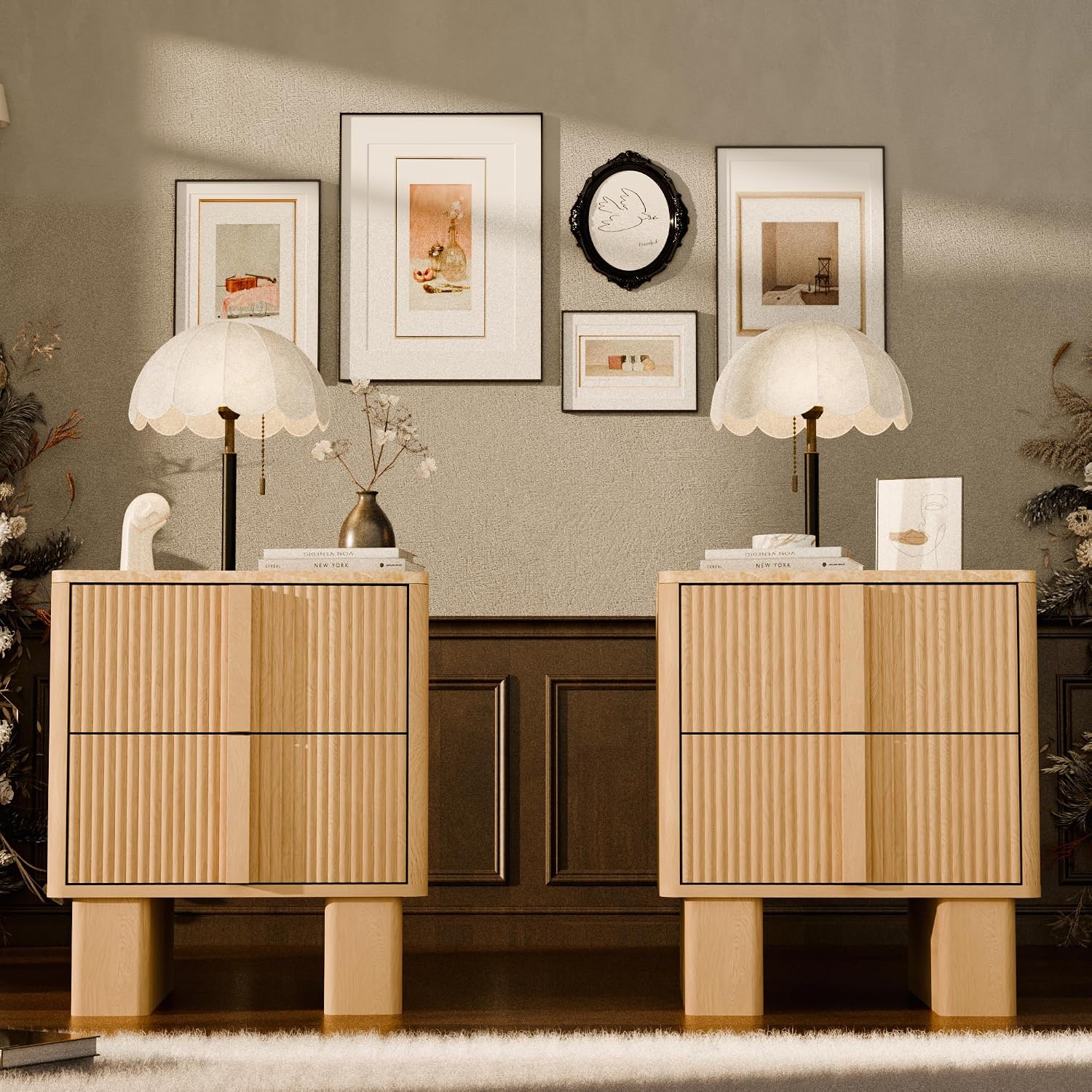Fluted Night Stand Set 2 with Charging Station, 22' Tall END Table with 2 Large Storage Drawers and 2 Widened Reinforced Legs, Modern Bedside Table for Bedroom, Living Room, Light Oak, 2