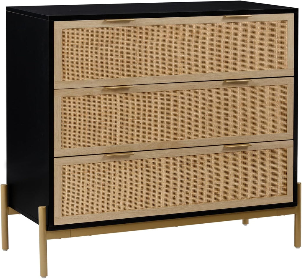 Nathan James Andrew 3-Drawer Chest Rattan Dresser, Bohemian Deep Drawer Dresser for Bedroom with Natural Rattan Accent and Metal Legs, Matte Black