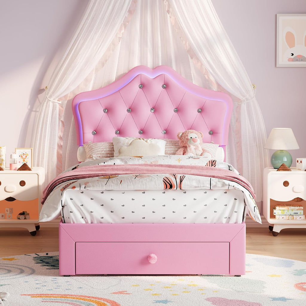 Garvee Twin Size Bed Frame with LED Lights & Velvet Crystal Button Headboard, Upholstered Princess/Girl Platform Bed with Storage Drawer, Noise Free, No Box Spring Needed for Kids, Teens, Pink