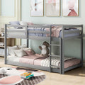 Low Bunk Bed Twin Over Twin, Solid Wood Floor Bunk Bed Frame with Ladder & Safety Guardrails, Twin Bunk Beds for Kids Boys and Girls, Saving Space, No Box Spring Needed, Gray