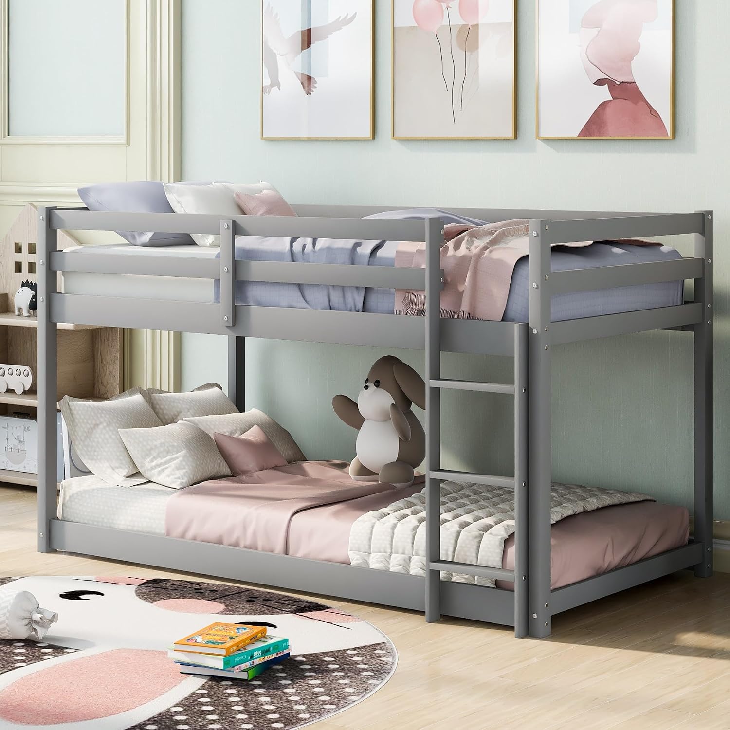 Low Bunk Bed Twin Over Twin, Solid Wood Floor Bunk Bed Frame with Ladder & Safety Guardrails, Twin Bunk Beds for Kids Boys and Girls, Saving Space, No Box Spring Needed, Gray