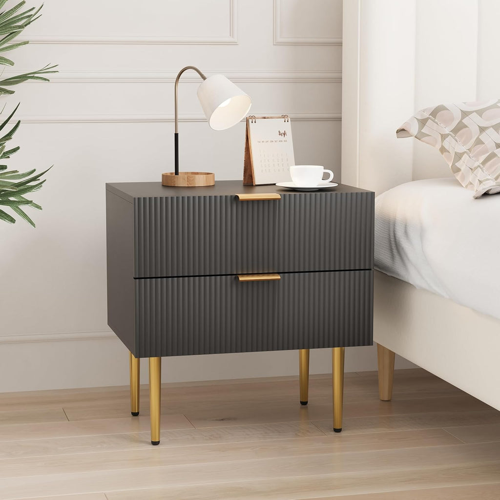 Smart FENDEE Set of 2 Nightstand, Black Mid Century Modern Night Stand with Fluted Panel, Bedside Table with 2 Drawer, Large NightStand with Gold Leg for Bedroom