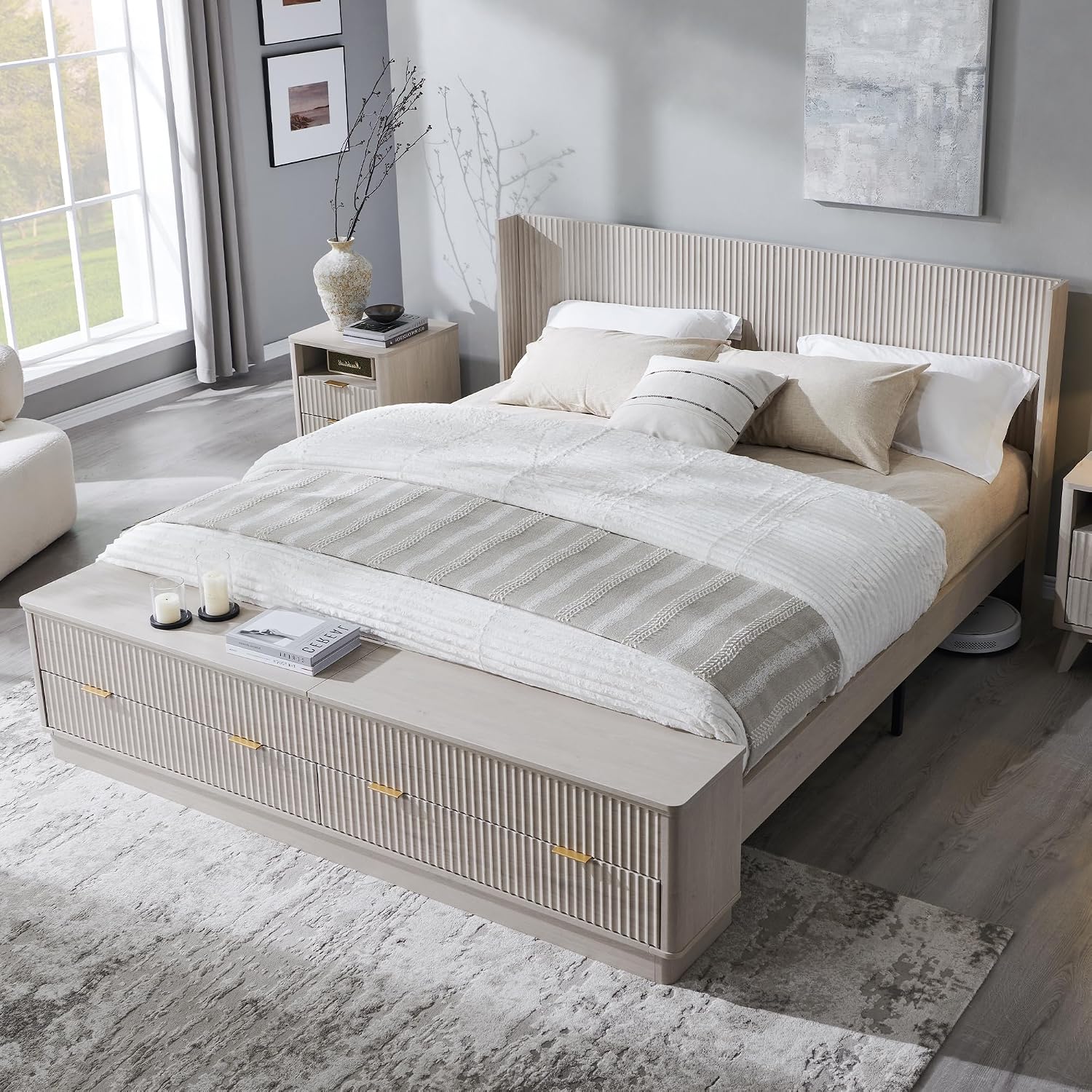 T4TREAM Fluted King Size Bed Frame with Wingback Headboard, Footboard Storage Bench with Built-in Drawers & Lift-Up Compartments, Wood & Steel Platform Bed, No Box Spring Needed, White Alder