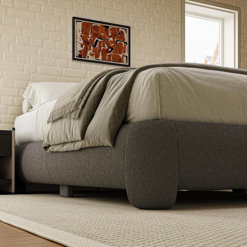 Cloud Full Size Platform Bed Frame, Soft Boucle Bed Frame with Round Corner, Upholstered Bedframe Full with Heavy Duty Wood Slat, No Box Spring Needed, Easy Assembly, Grey