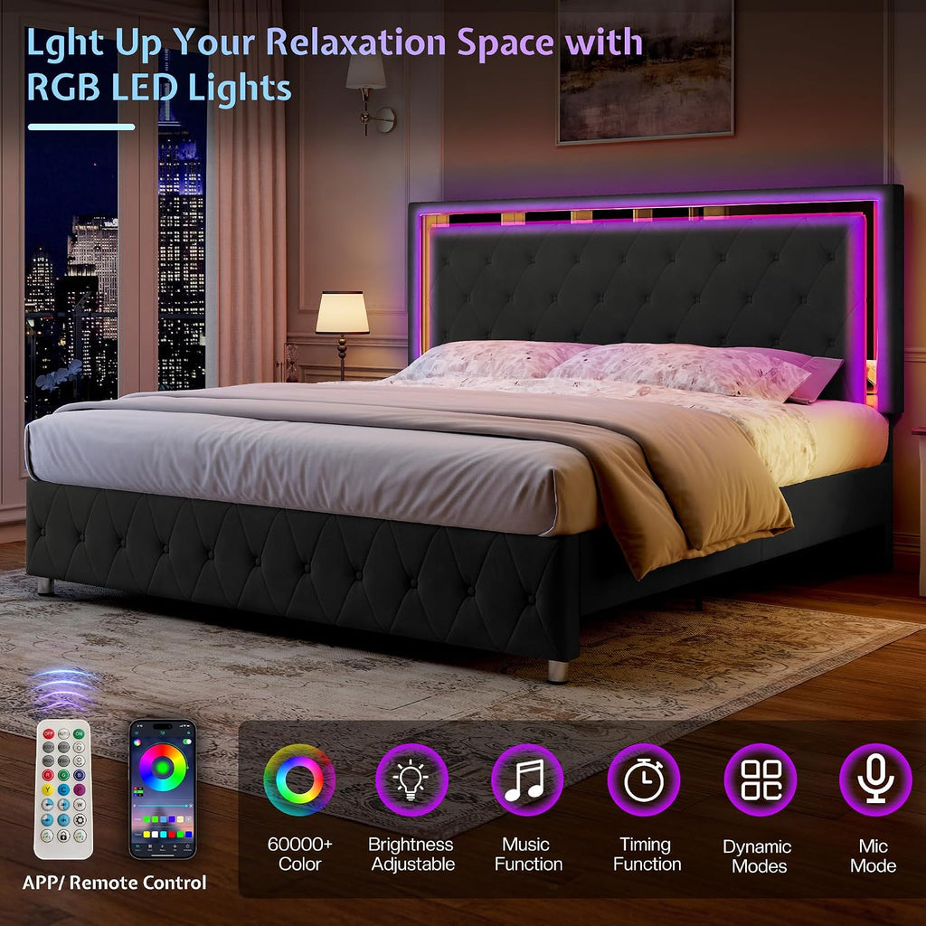 Jocisland Full Bed Frame with LED Lights Headboard&Footboard, Velvet Upholstered Full Size Platform Bed Frame No Box Spring Needed/Black