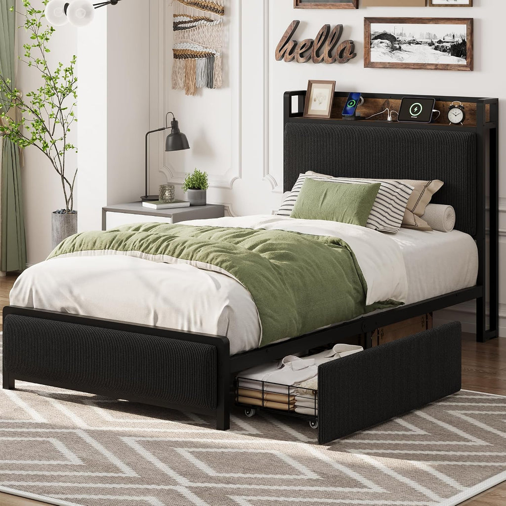 GAOMON Twin Size Bed Frame with 2 Storage Drawers and Charging Station, Rustic Velvet Upholstered Platform Bedframe with Storage Headboard, No Box Spring Needed, Easy Assembly, Noise Free, Black