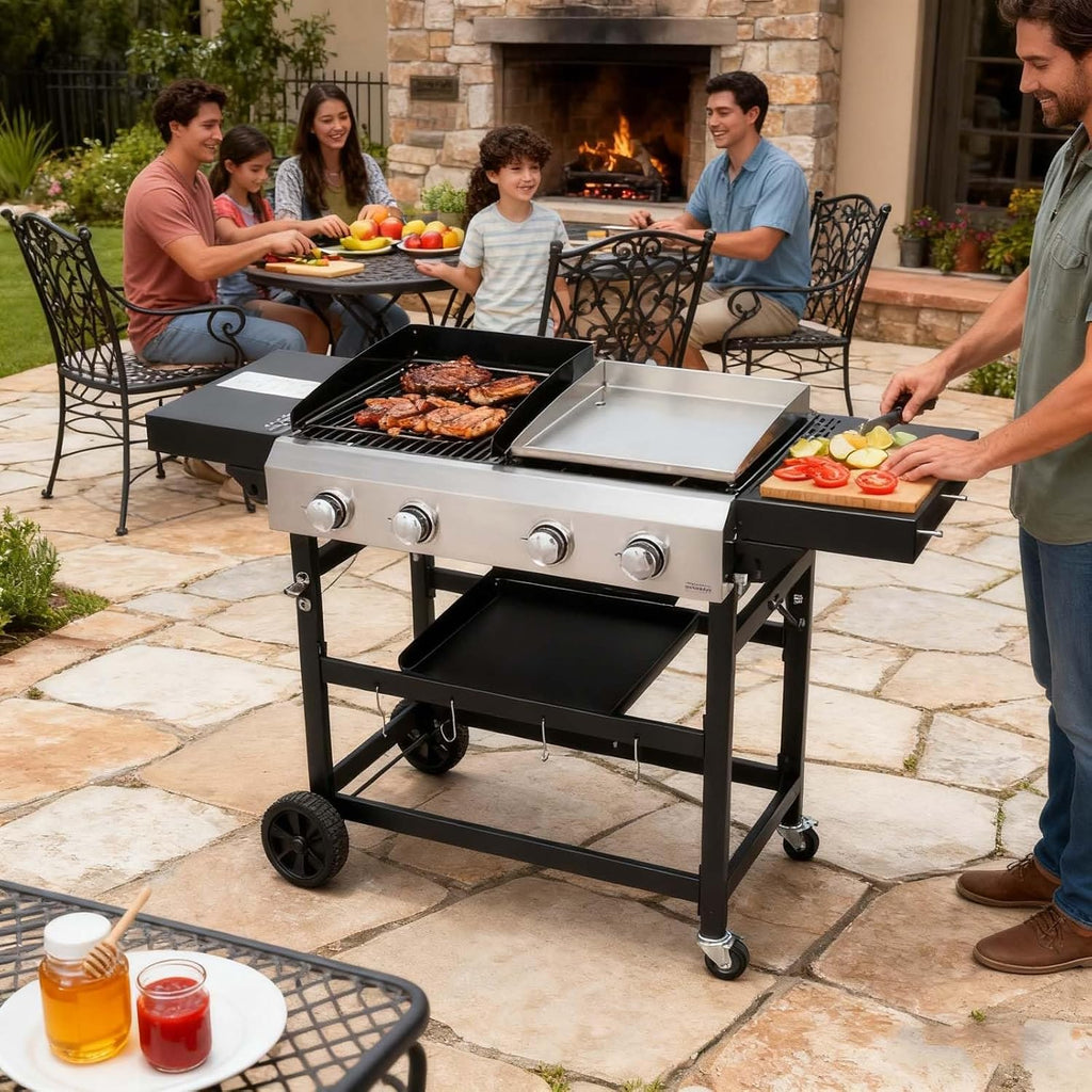 Propane Gas Grill & Griddle Combo - 2-Burner, Outdoor Cooking Grills with Cover for Camping, Tailgating, Black & Silver
