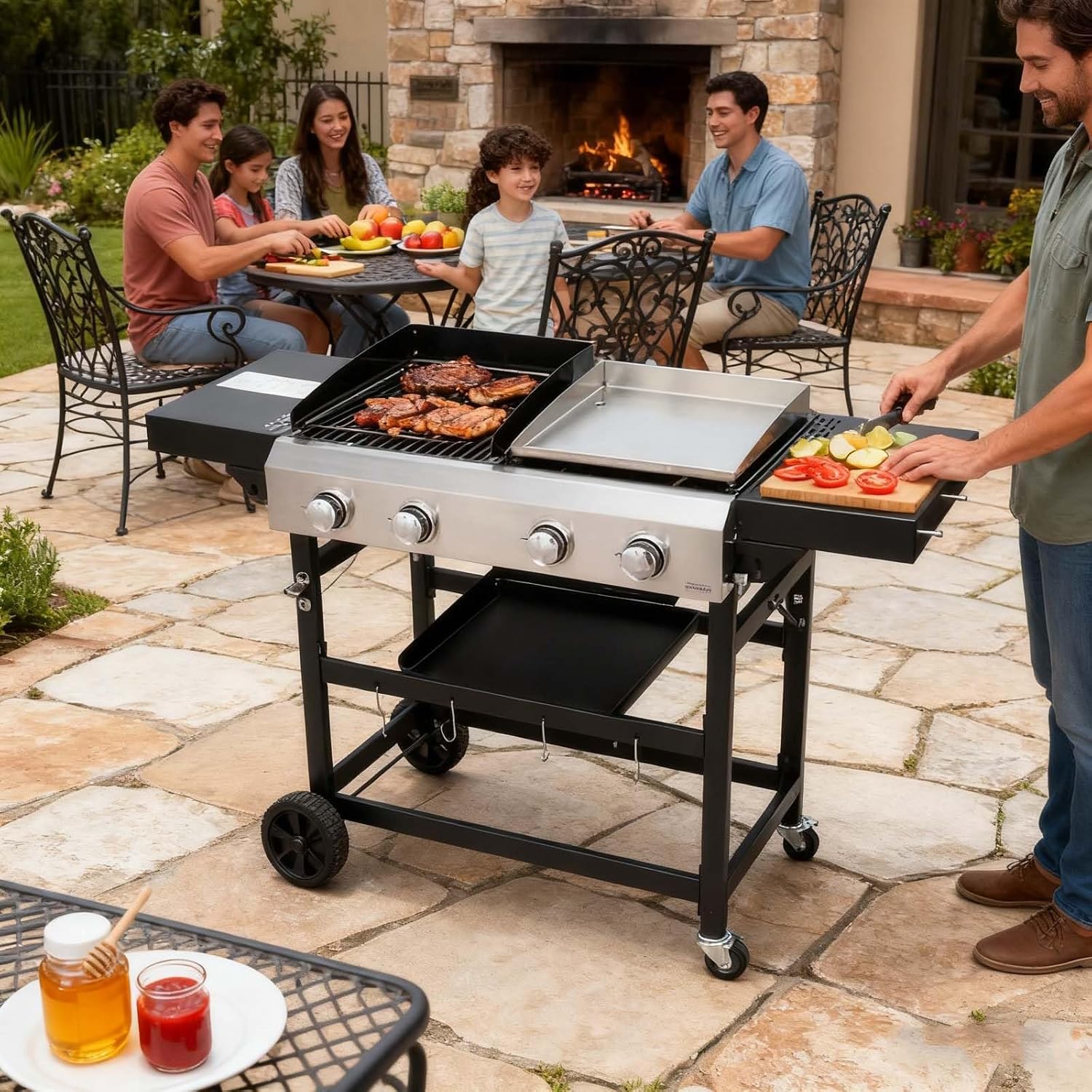 Propane Gas Grill & Griddle Combo - 2-Burner, Outdoor Cooking Grills with Cover for Camping, Tailgating, Black & Silver