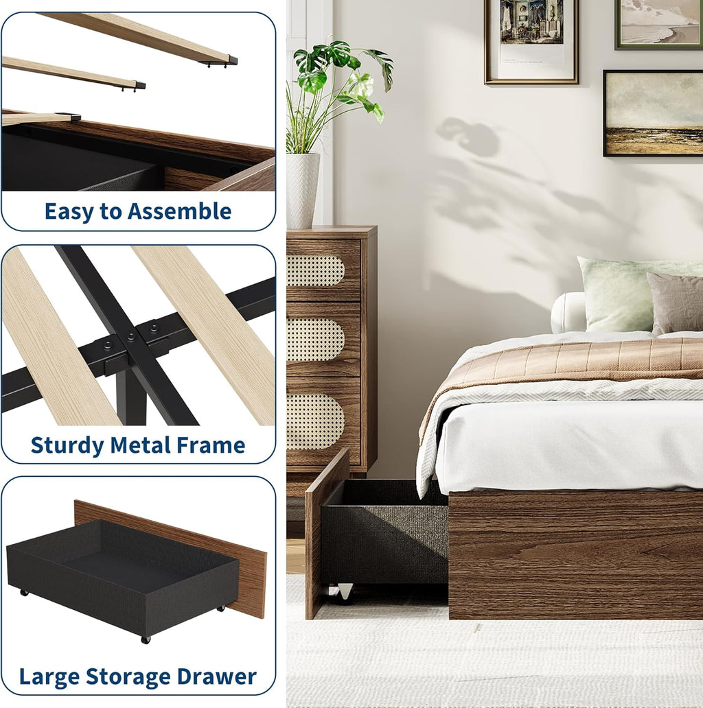 GarveeHome Twin Size Wood Platform Bed Frame with 2 Storage Drawers, Wooden Bed Frame Without Headboard, Wood Slat Support, No Box Spring Needed, Easy Assembly