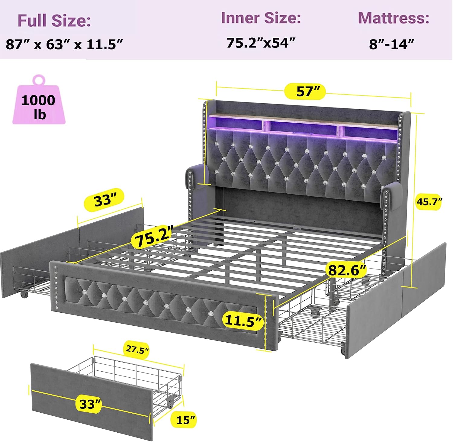 Ailisite Full Size Bed Frame with 4 Storage Drawers and RGB Led Lights,Velvet Upholstered Full Platform Bed with Charging Station and Bookcase Storage Headboard, with Crystal and Rivet Deco, Grey