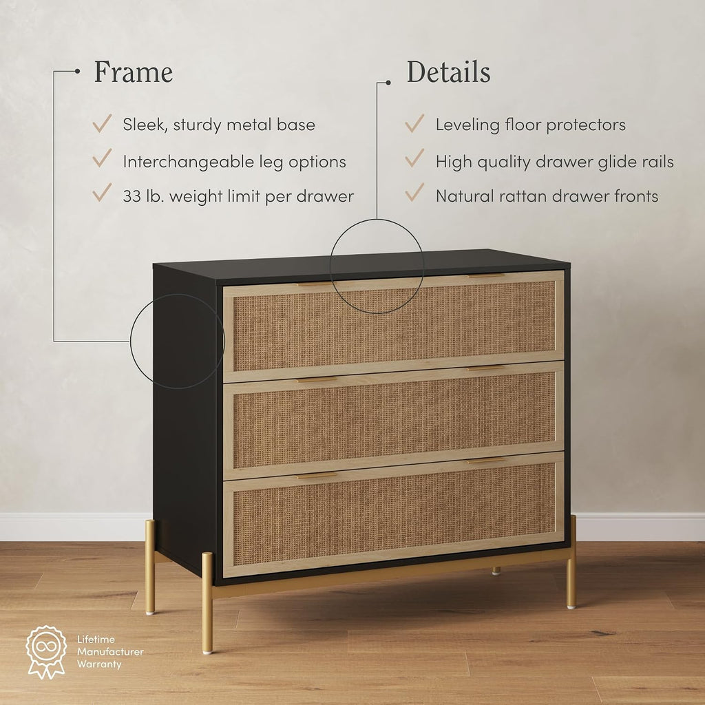 Nathan James Andrew 3-Drawer Chest Rattan Dresser, Bohemian Deep Drawer Dresser for Bedroom with Natural Rattan Accent and Metal Legs, Matte Black
