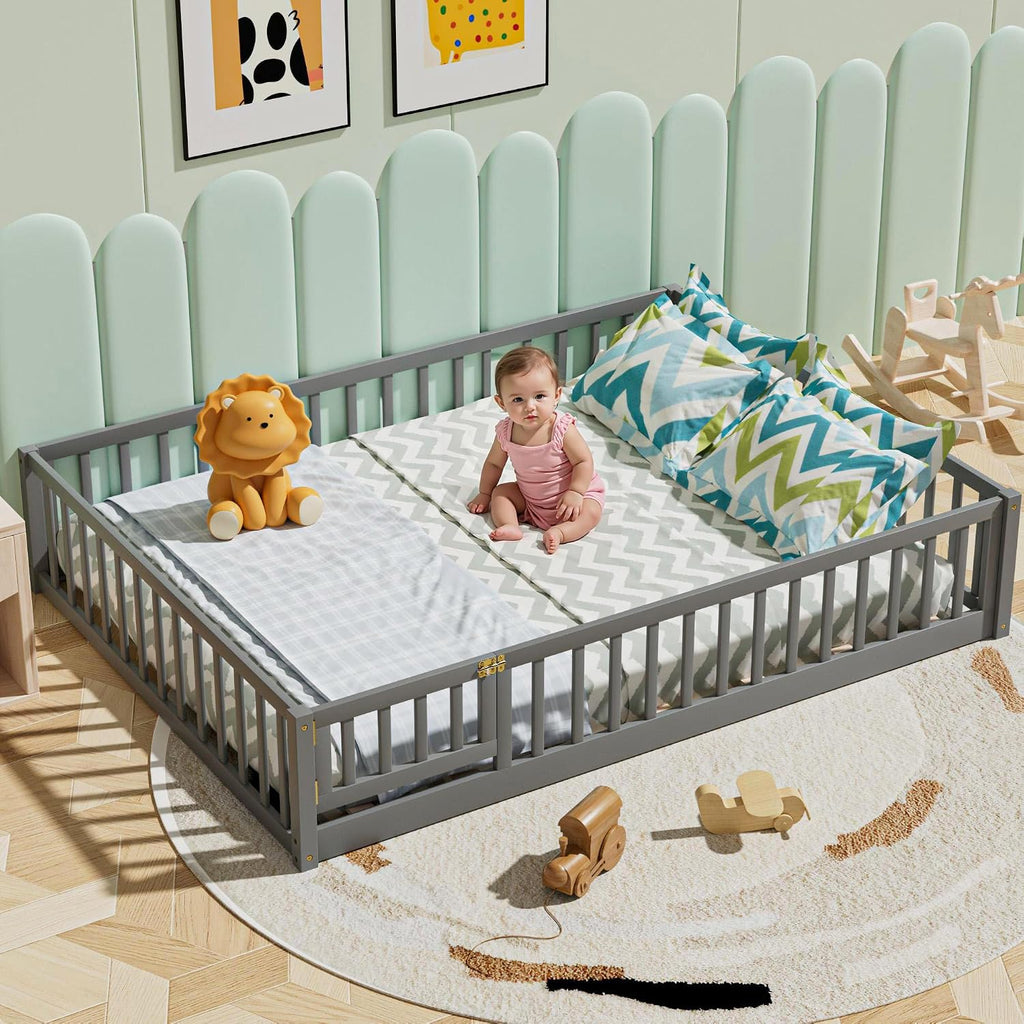 i-POOK Queen Floor Bed for Children, Sturdy Wood Montessori Bed Frame with Wood Slats, Fence & Door, Montessori Floor Bed for Girls and Boys, Gray