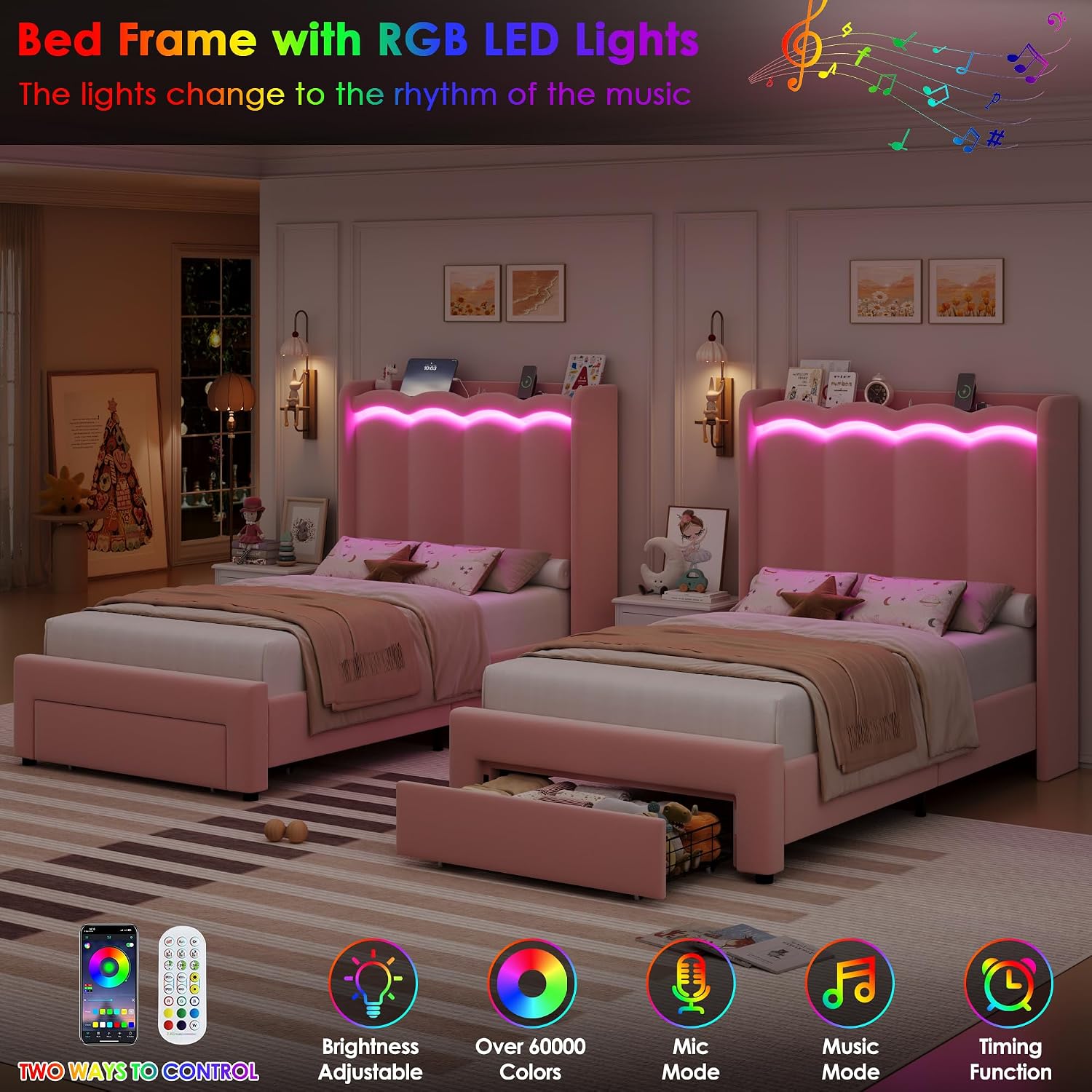 HIFIT 2 Set Upholstered Twin Size LED Bed Frame with Storage Drawer and Charging Station, Velvet Princess Twin Bed for Kids, Girls Bed with Double Wavy Wingback Headboard and Solid Frame, Pink