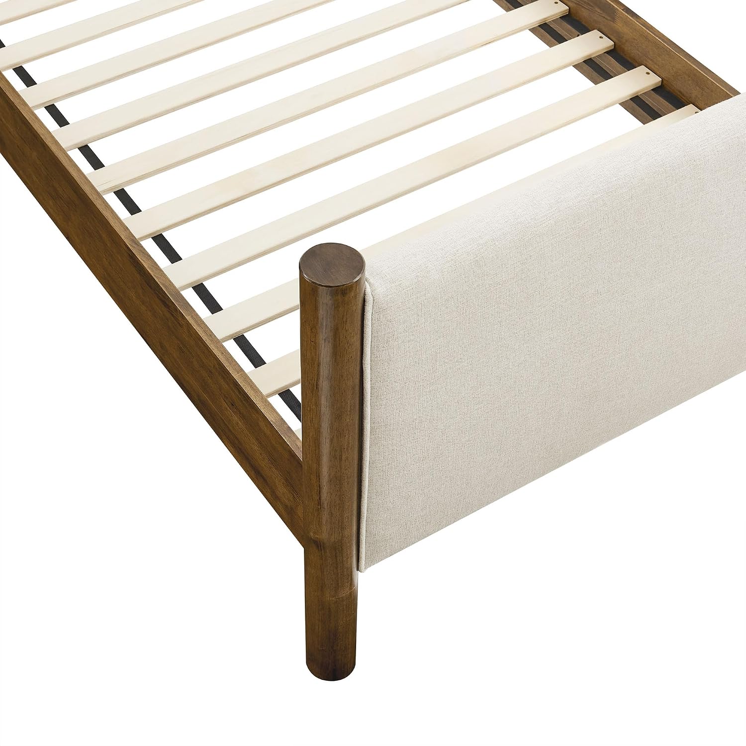Modway Maven Twin Size Bed Frame in Ivory Walnut with Upholstered Fabric Headboard and Footboard – Wood Twin Platform Bed Frame – No Box Spring Needed