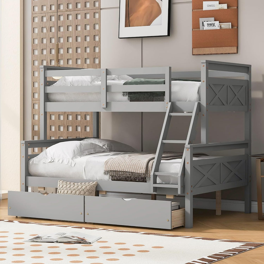 Merax Twin Over Full Bunk Bed with 2 Storage Drawers,Solid Wood Bunk Bed with Ladder and Safety Guardrail for Bedroom Kids Adults,Can be Separated into 2 Platform Beds,Gray
