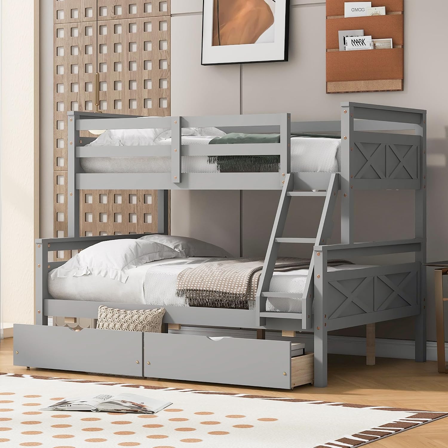 Merax Twin Over Full Bunk Bed with 2 Storage Drawers,Solid Wood Bunk Bed with Ladder and Safety Guardrail for Bedroom Kids Adults,Can be Separated into 2 Platform Beds,Gray