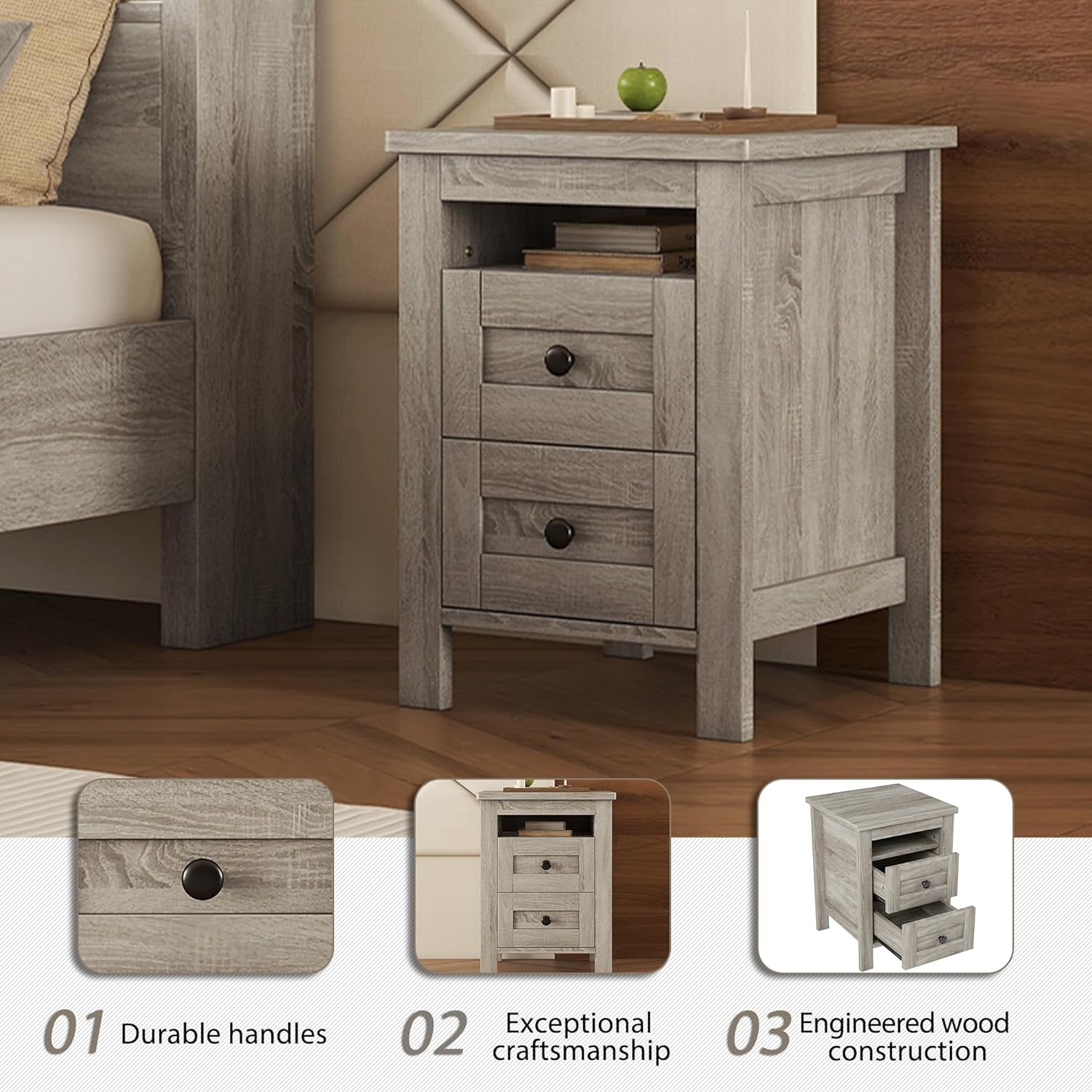Ball & Cast 3-Piece Queen Size Farmhouse Bedroom Set, Platform Bed with Sliding Door Storage Headboard & Charging Station, Storage Nightstand and Dresser, Wooden Bedroom Furniture Set, Antique Gray