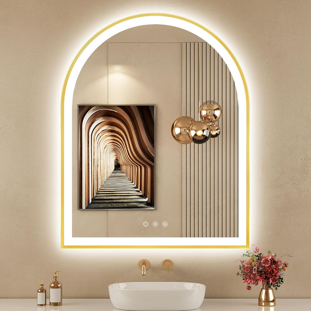 30'x36' Arched LED Mirror for Bathroom, Brushed Gold Lighted Bathroom Mirror with Lights, Fogless, Dimmable, Shatterproof, Touch Sensor, 3 Color Changing