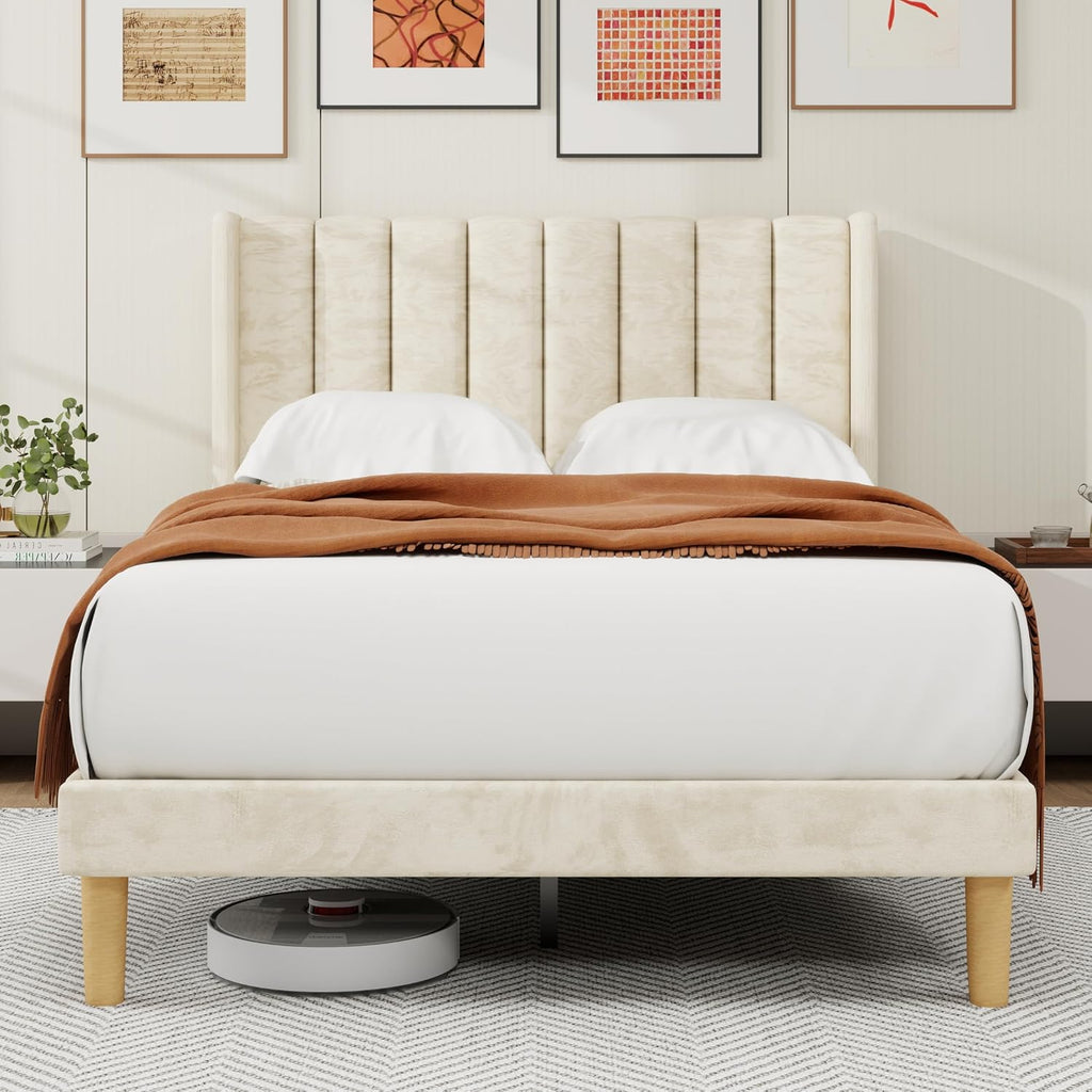 alazyhome Platform Bed Frame Full Size with Upholstered Headboard, Solid Wood Slats Support, No Box Spring Needed, Noise Free, Easy Assembly, Modern Velvet Bed, Beige