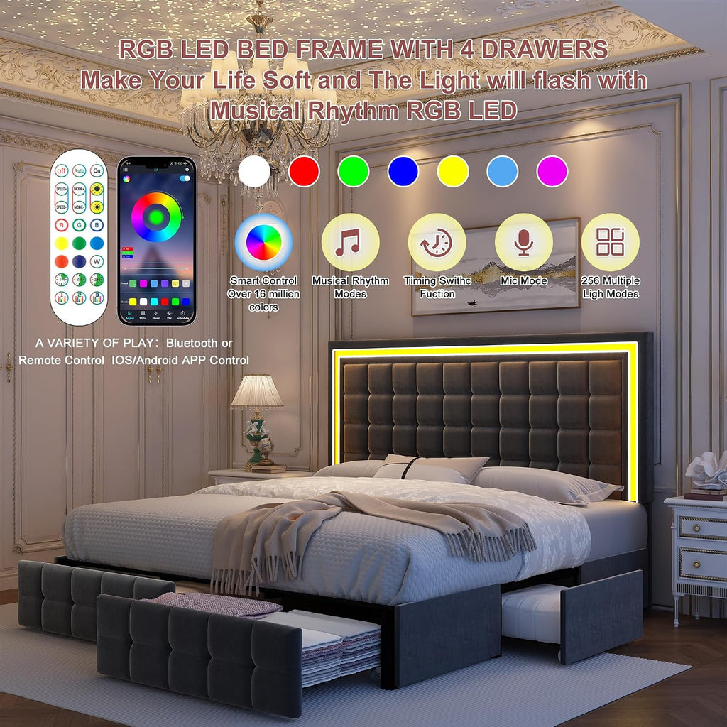 GEGOFORU Full Bed Frame with LED Lighting and Storage Drawers, No Box Spring Needed, Supports 900 lbs, Easy Assembly, Quiet and Sturdy Design, Velvet Gray