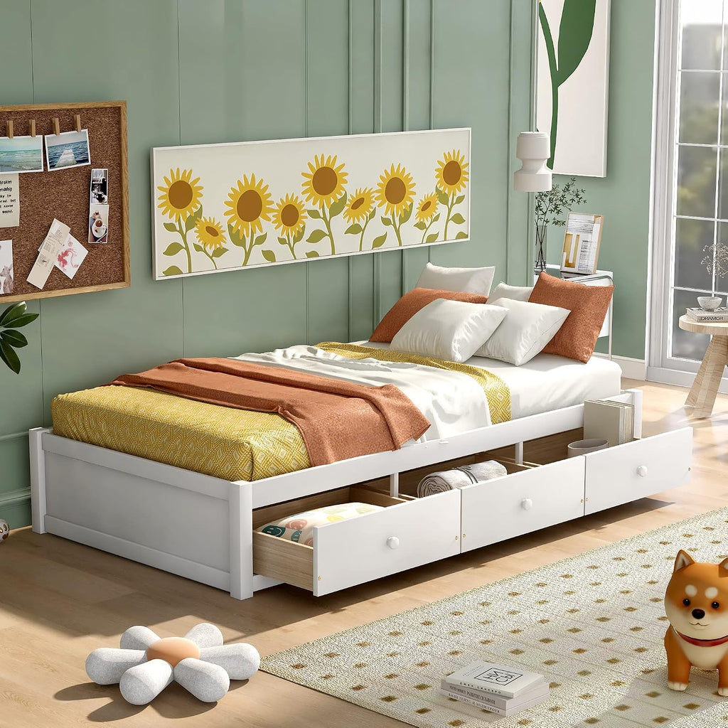 SOFTSEA Twin Size Daybed with 6 Storage Drawers, Wood Twin Platform Bed Frame with Storage and Wood Slat Support, No Box Spring Needed, (White)