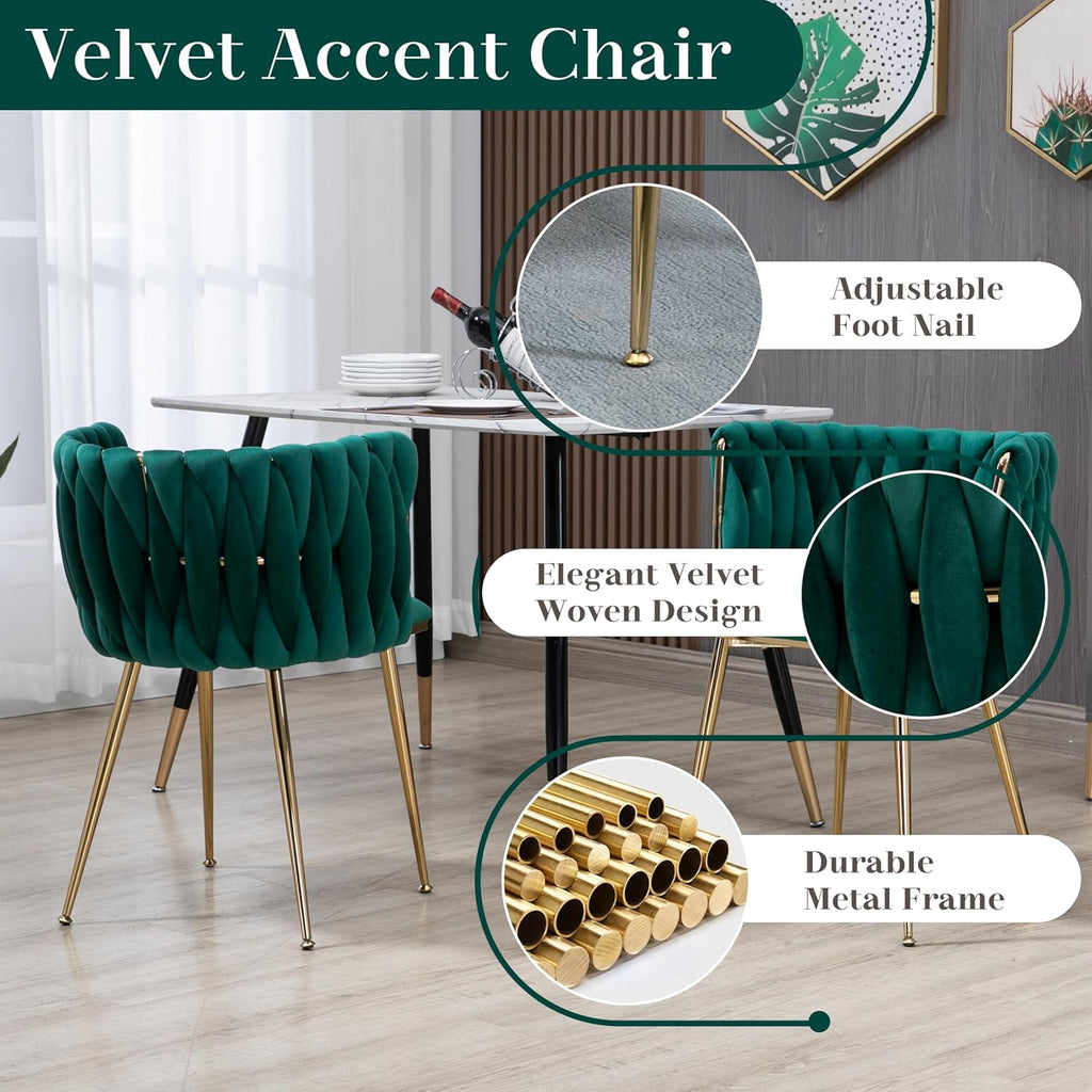 Gold Luxury Round Dining Table Set for 2, 3 Pcs Modern Minimalist Circle Dinner Room Set, 36'' Clear Circular Glass Top Kitchen Table with Green Woven Chairs Set, for Home Small Apartment