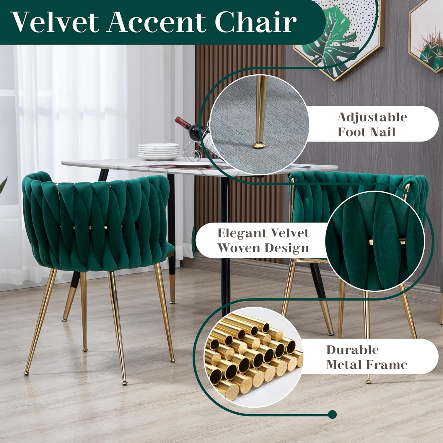 Gold Luxury Round Dining Table Set for 2, 3 Pcs Modern Minimalist Circle Dinner Room Set, 36'' Clear Circular Glass Top Kitchen Table with Green Woven Chairs Set, for Home Small Apartment