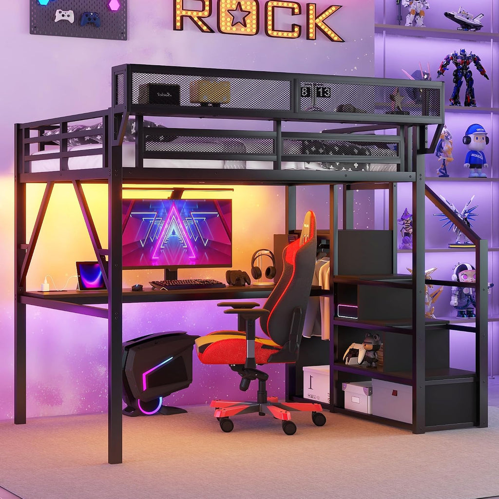 Metal Loft Bed with Desk and RGB LED Lights,Kids Loft Beds with Stairs and Charging Station,Full Size Loft Bed with Storage Shelves for Upper and Wardrobe,Loft Beds Frame for Kids(Black)