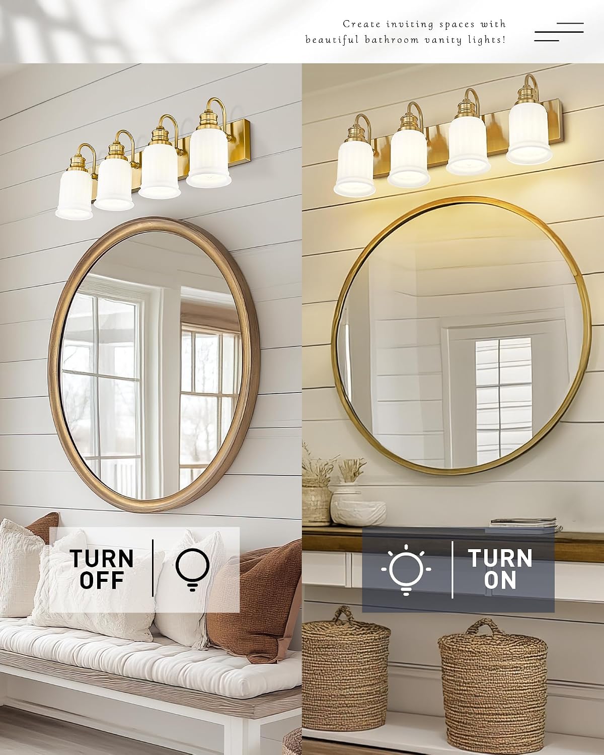 Bathroom Light Fixtures 4-Lights, HWH Brushed Gold Vanity Light Modern Bathroom Vanity Lights Over Mirror, 26'' Antique Brass Vanity Light with Frosted White Bell-Shaped Fluted Glass, 5HZG106B-4W BG