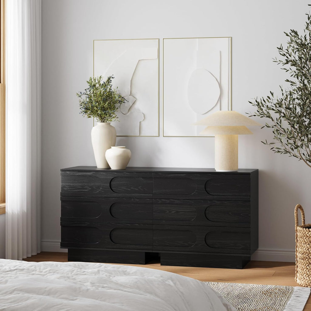 Nathan James Iris 3 Drawer Dresser, Mid-Century Modern Solid Wood Dresser for Bedroom, Black Oak