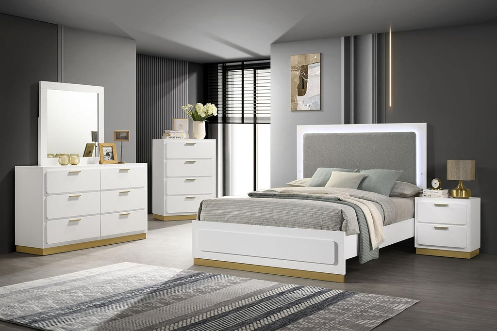 Coaster Home Furnishings Caraway Contemporary 5-Piece Bedroom Set Fabric Upholstered Eastern King Size LED Panel Bed Frame 55-inch Headboard White 224771KE-S5