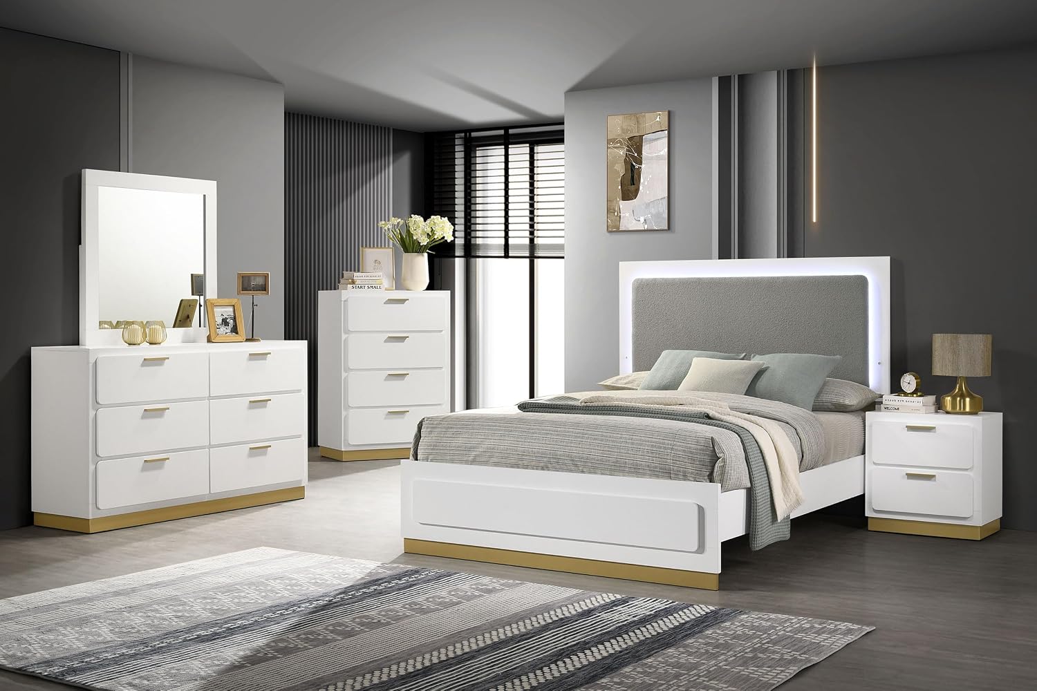 Coaster Home Furnishings Caraway Contemporary 5-Piece Bedroom Set Fabric Upholstered Queen Size LED Panel Bed Frame 55-inch Headboard White 224771Q-S5