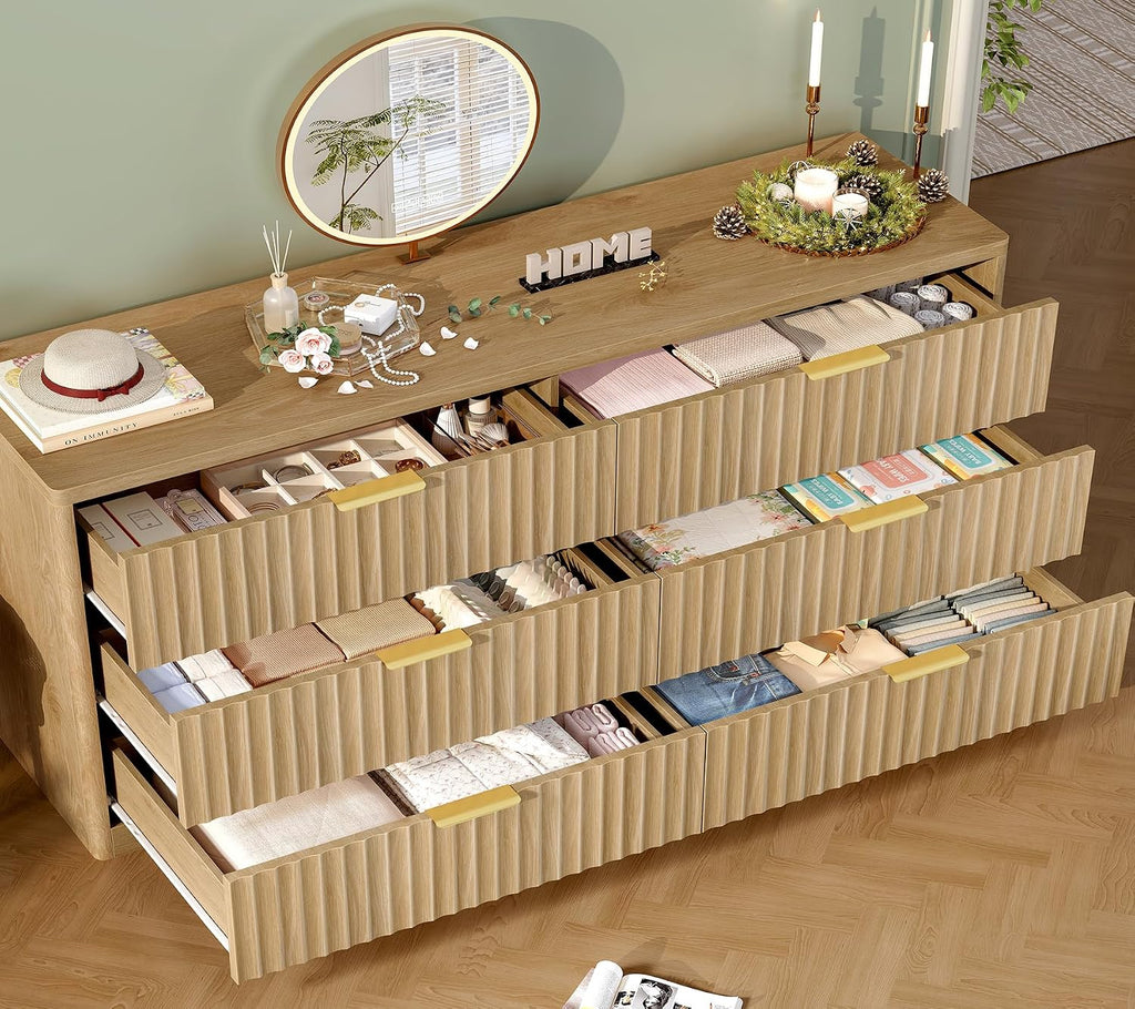 TEENFON 56.3'' Dresser for Bedroom with 6 Drawers, Dressers & Chest of Drawers with Curved Profile Design, 6 Drawer Dresser, Fluted Dressers, Wood Dressers for Bedroom, Living Room, Natural