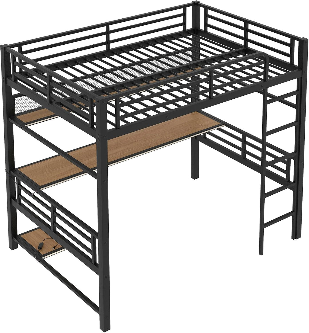 Ball & Cast Modern Full Size Loft Bed with Storage Shelve & LED Light,Metal Bedframe W/Built-in Desk & Computer Host Shelf,Space Saving,Child's and Adults' Bedroom Furniture for Studying Working,Black