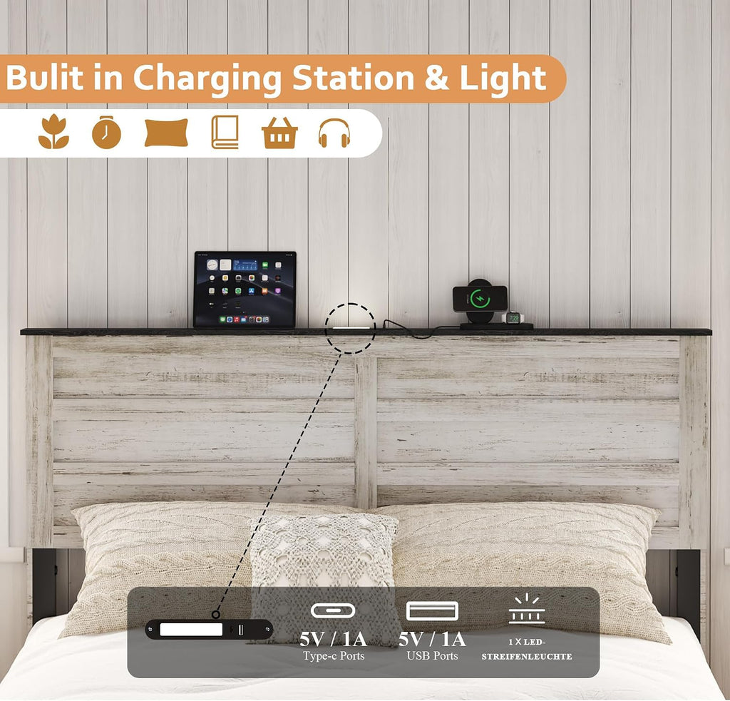 Wooden Bed Frame Full Size with Headboard & Sliding Barn Door Storage Footboard, Farmhouse Platform Bedframe with Charging Station and LED Lights, No Box Spring Needed, Boho White