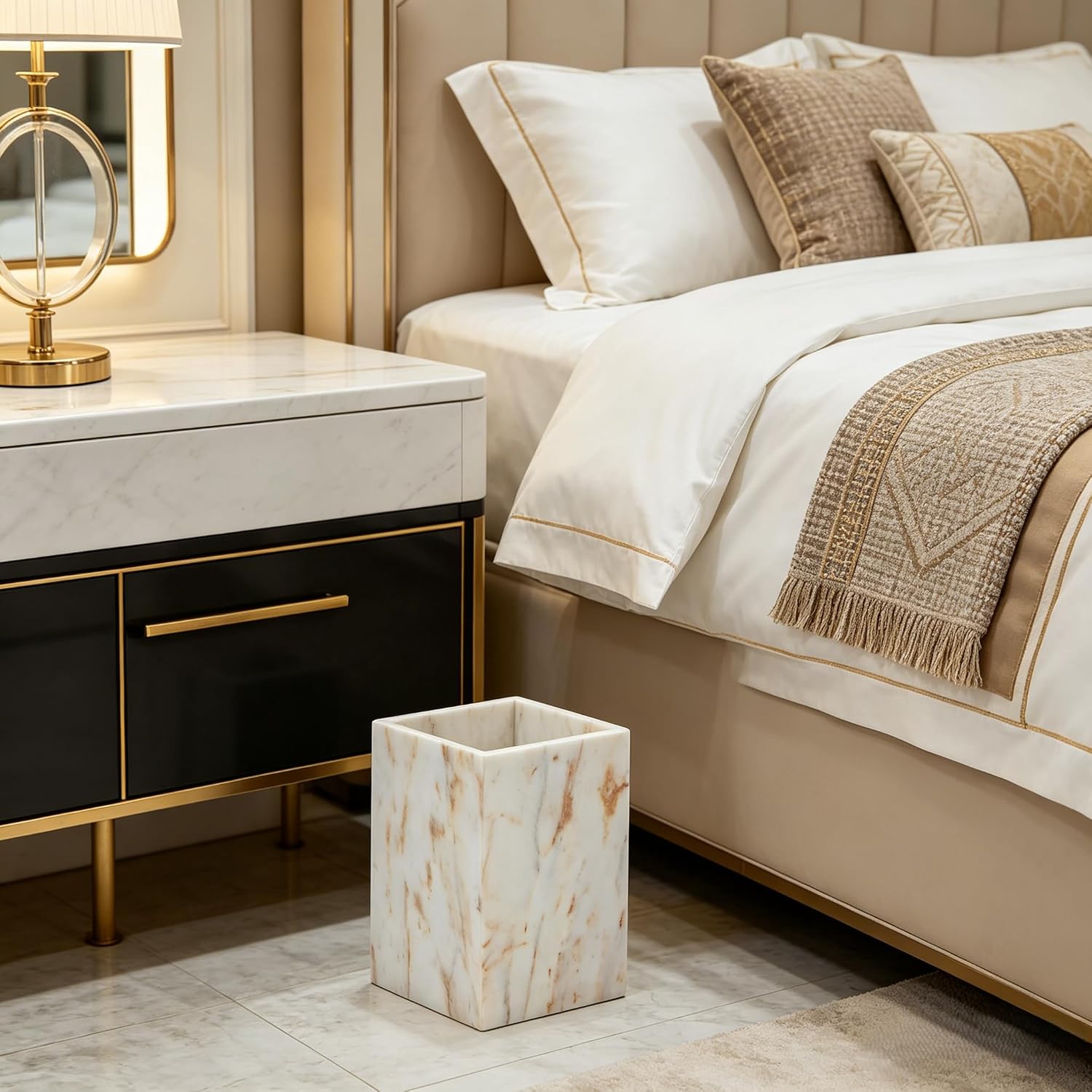 Natural Marble Waste Basket for Bathroom, Modern Gold and White Texture Rectangular Trash Can, Organic Stone Wastebasket Durable Waterproof Garbage Container Bin for Bedroom Living Room Office Kitchen