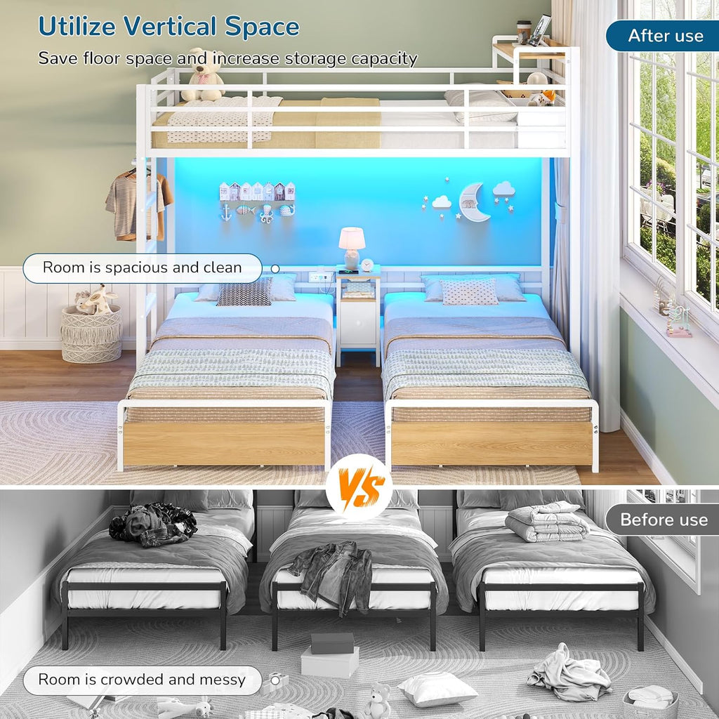 Triple Bunk Bed with Storage Drawers and Bedside Shelf, Twin Over Twin Bunk Bed for Kids/Teens with LED Lights and Charging Station, Heavy Duty Metal Bunk Beds with Safety Guardrail and Ladder, White