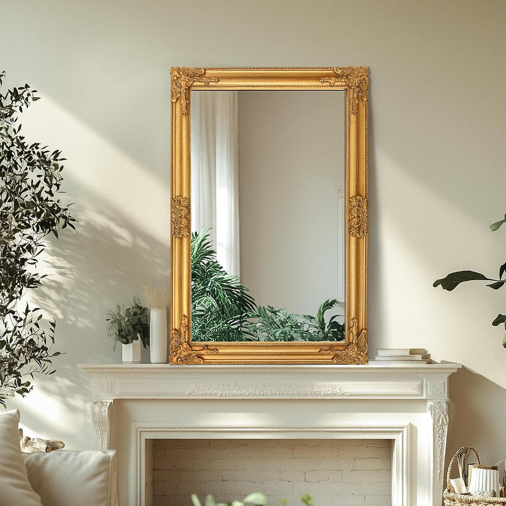 TRAHOME 24'x36' Vintage Gold Baroque Wall Mirror, Ornate Antique Style Decorative Mirror for Entryway, Living Room, Fireplace Mantel, Hallway