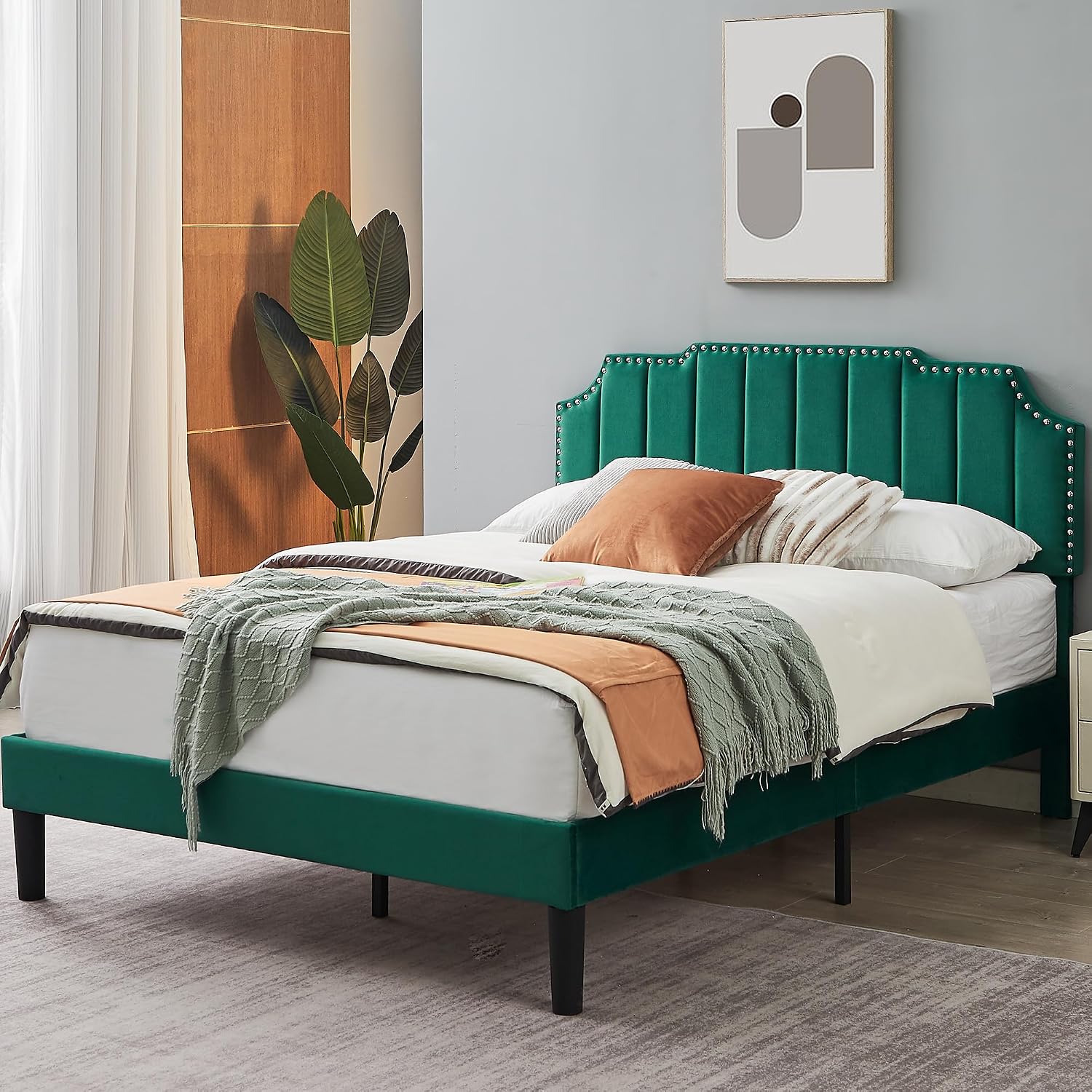 VECELO Upholstered Platform Full Bed Frame with Tufted Adjustable Headboard/Mattress Foundation/Wood Slat Support,Easy Assembly,Dark Green