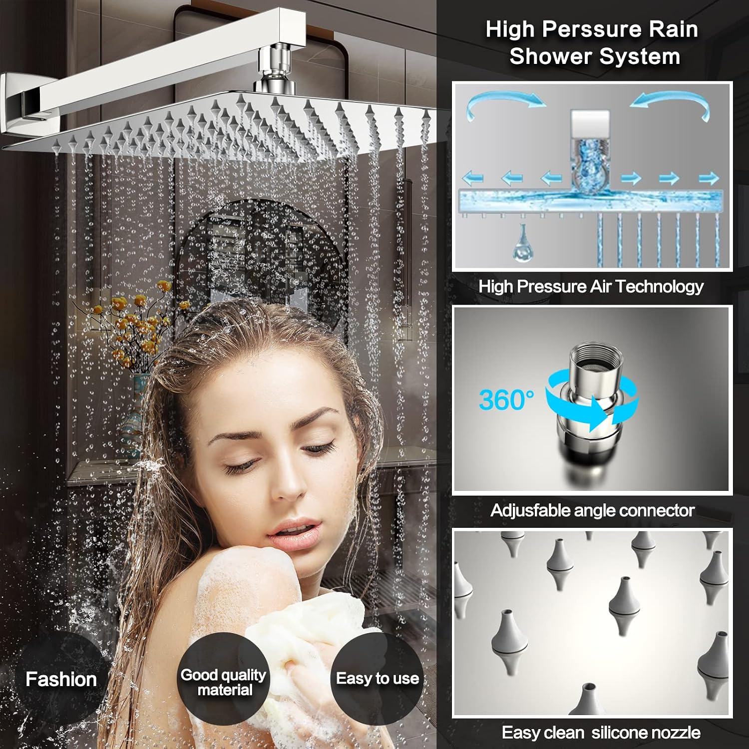 Rain Shower System 12 inch Shower Faucet Set with Tub Spout,Bathroom Wall Mounted Waterfall Shower Head Faucet Sets Complete with Handheld Spray,Rough-in Valve Body and Trim kit,Chrome Polished