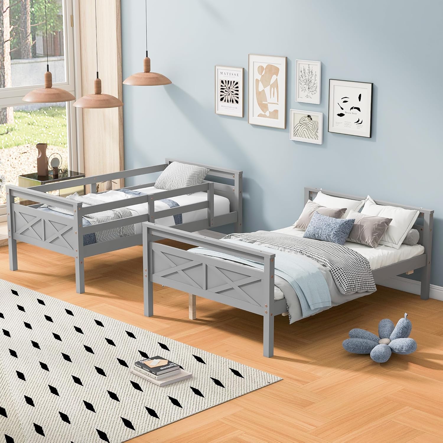 Merax Wood Bunk Bed,Twin Over Full Bunk Beds with Ladder,Safety Guardrail,Can be Separated into 2 Platform Beds,Perfect for Bedroom Kids Adults,Gray