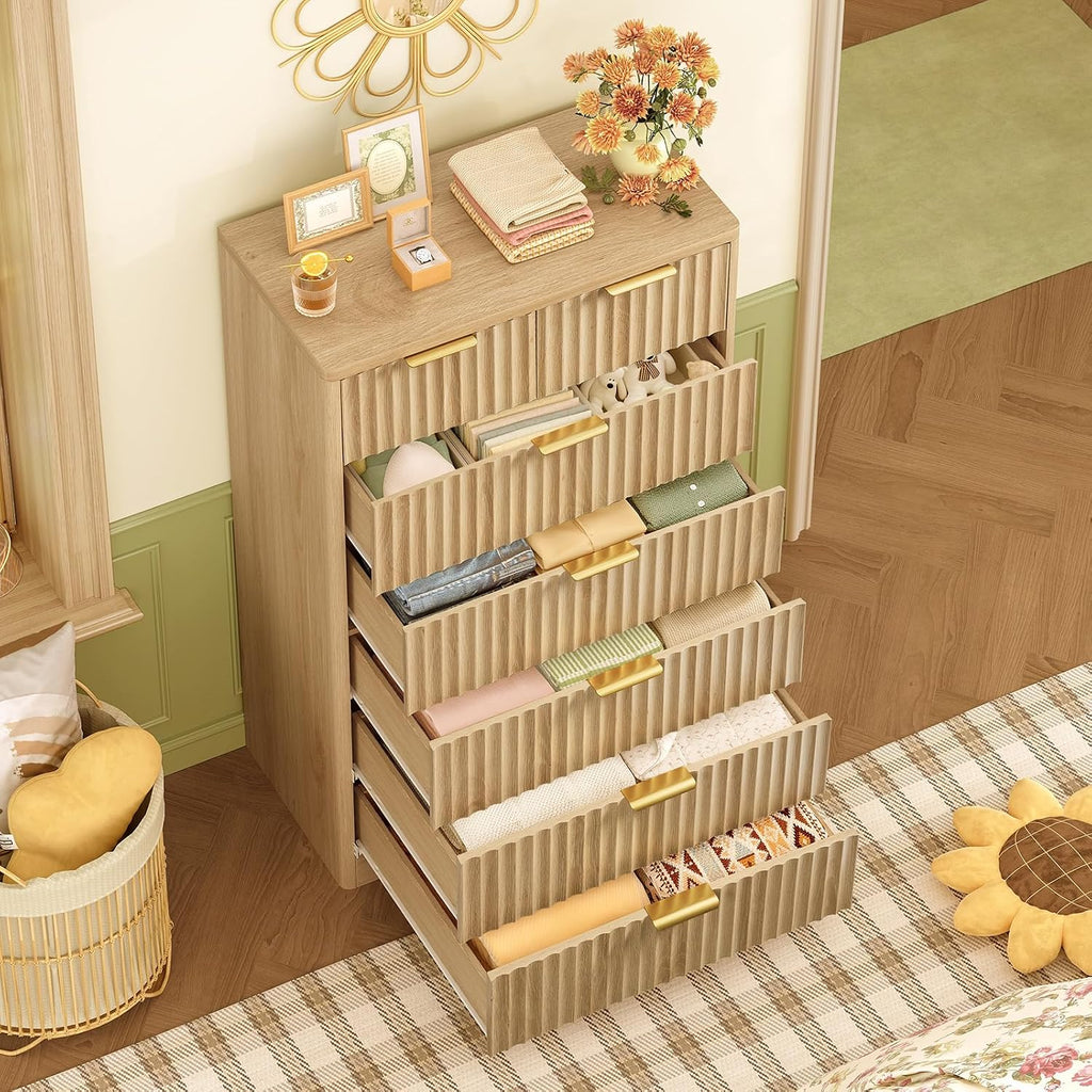 TEENFON 48' Tall Dresser for Bedroom with 7 Drawers, Dressers & Chests of Drawers with Metal Handle, Fluted Dresser, Wood Closet Clothes Storage Organizer for Bedroom, Hallway, Natural