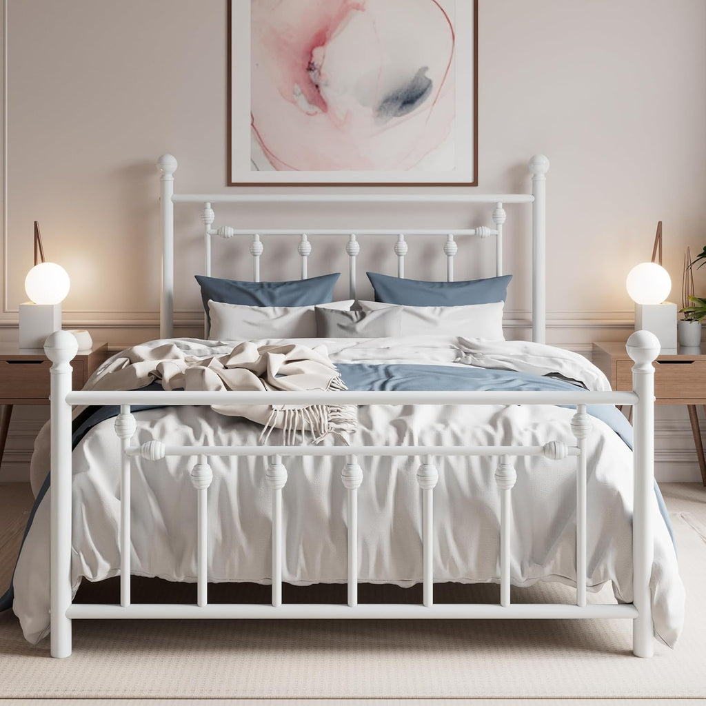 SHA CERLIN 14' Full Size Metal Platform Bed Frame/Victorian Headboard and Footboard/Steel Slats Mattress Foundation for Storage/No Box Spring Needed/Noise Free/White